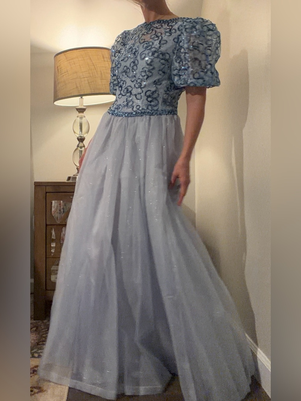 VTG 80’s Cinderella Blue Sequin Puff Sleeve Maxi Ball Gown Size Medium